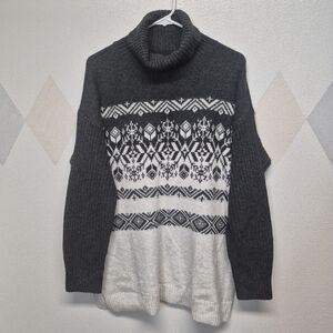Christopher & Banks Charcoal Off White/Gray Tones Fair Isle Turtleneck Sweater L